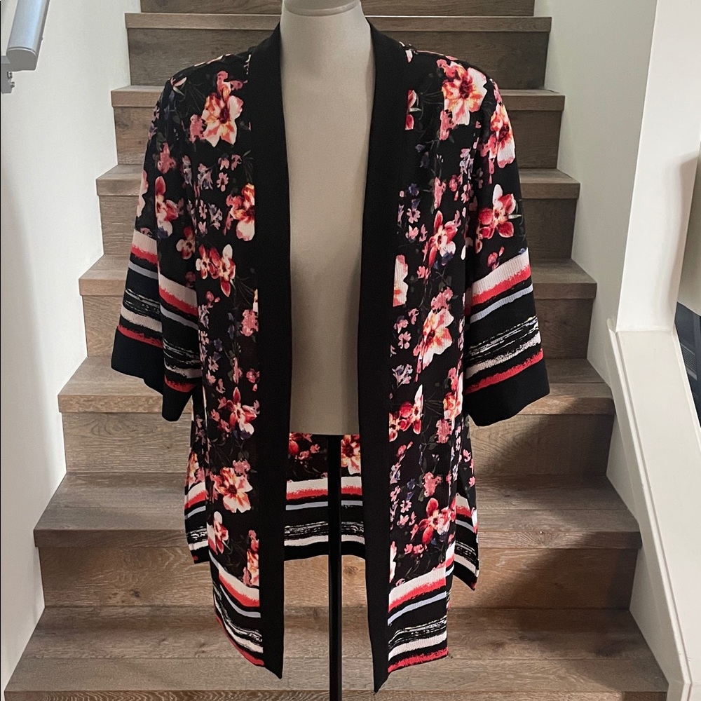 I.N. Studio Black Floral Open-Front Cardigan with Pink Accents